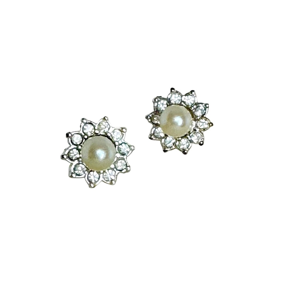 Pearl Rhinestone Flower Stud Earrings Silver Tone‎ Women's Jewelry Vintage AVON